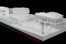 Die Grafik zeigt ein Modell des Stadtpalais und des Archivs. Im Vordergund ist vor dem Stadtpalais die Umgestaltung in Form einer Treppe zu sehen.