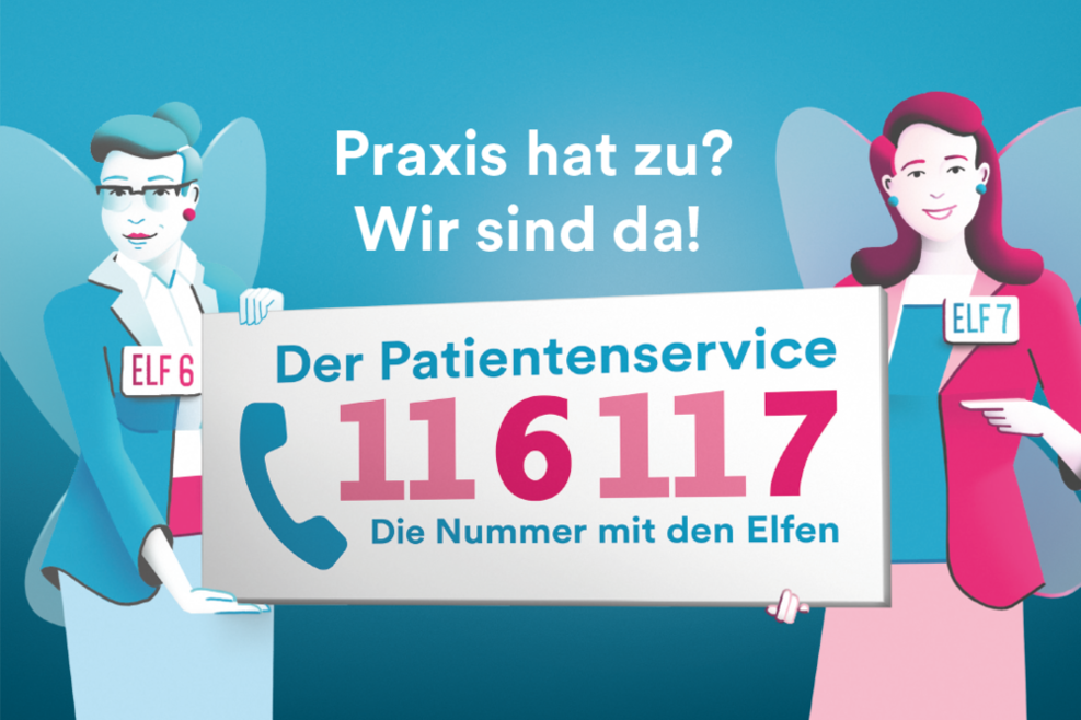 Grafische Darstellung der Patientenservicenummer. Text im Bild: Praxis hat zu? Wir sind da! Der Patientensercie 116 117. Die Nummer mit den Elfen.