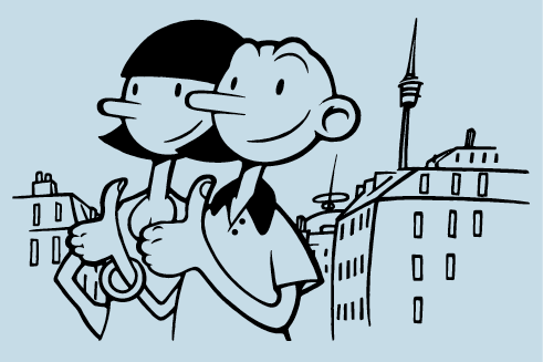 Zwei gezeichnete Männchen zeigen den Daumen hoch, im Hintergrund sind Häuser und der Stuttgarter Fernsehturm zu sehen.