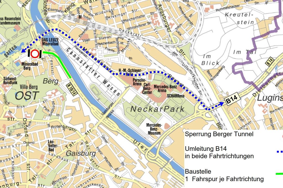 Karte des Baugebiets B10/B14 zwischen dem Leuze Tunnel und der Poststraße