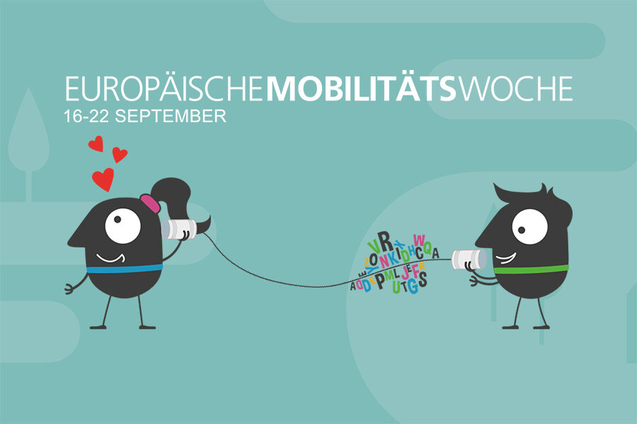 Zwei Comicfiguren telefonieren mit einem Dosentelefon. Auf der Grafik steht: "Europäische Mobilitätswoche 16.-22. September" und "2. Stuttgarter Mobilitätswoche: Antragsfrist bis 16.7. verlängert".