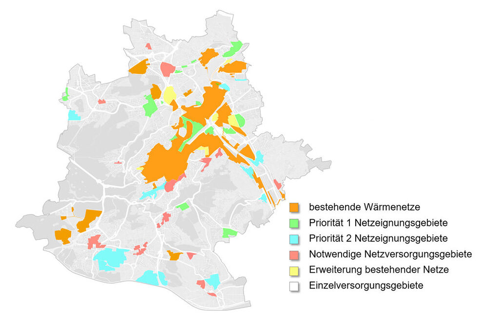 Die Grafik aus dem Entwurf der kommunalen Wärmeplanung markiert im Stuttgarter Stadtgebiet die Zonen mit bestehenden Wärmenetzen, Eignungs- und Versorgungsgebiete, Erweiterungsbereiche und Einzelversorgungsgebiete.