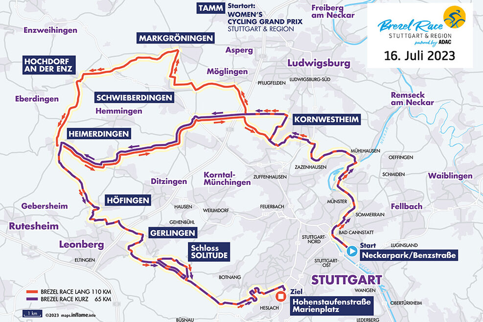 Eine Karte mit dem Streckenplan des langen und des kurzen Brezel Race Stuttgart. Die kurze Strecke beginnt beim Neckarpark, führt über Kornwestheim nach Heimerdingen und dann weiter nach Höfingen, Gerlingen und dem Schloss Solitude. Das Ziel ist am Marienplatz in Stuttgart.