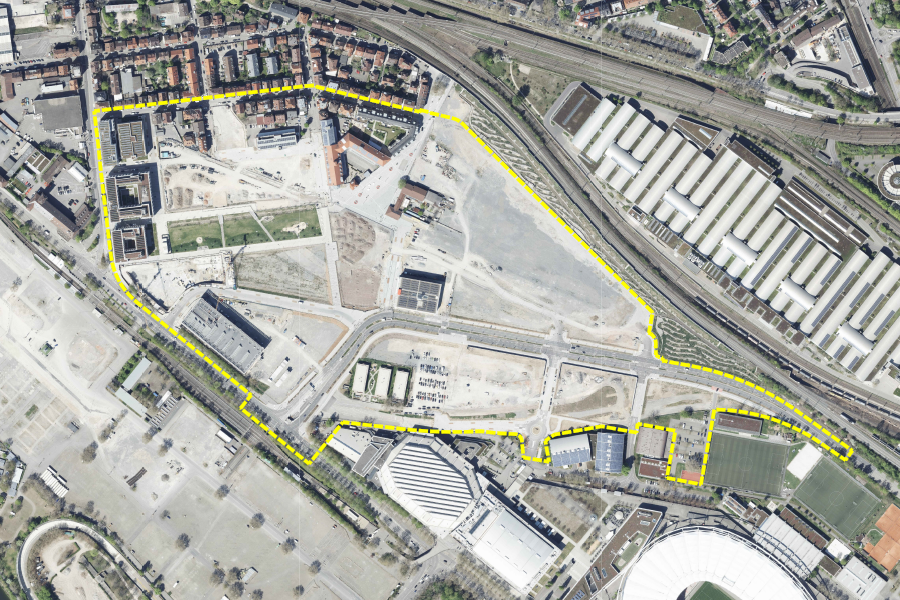Luftbild einer großen Baufläche, mit gelb ist das Areal des Neckarparks eingezeichnet