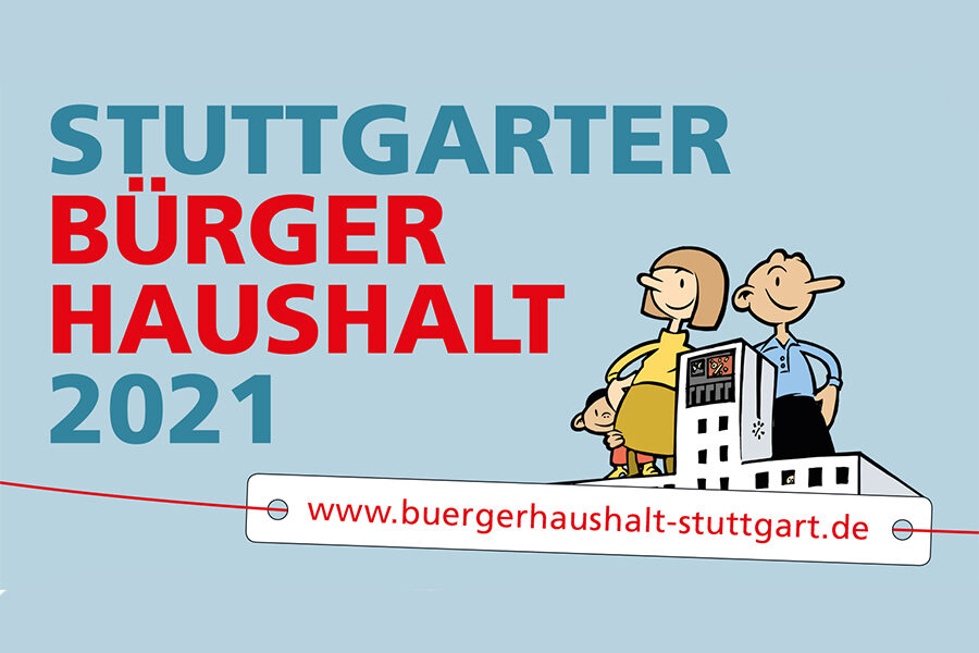 Die Grafik zeigt übergroße Zeichen Figuren, die sich an den Turm des Rathauses anlehnen. Im Schriftzug steht Stuttgarter Bürgerhaushalt 2021.