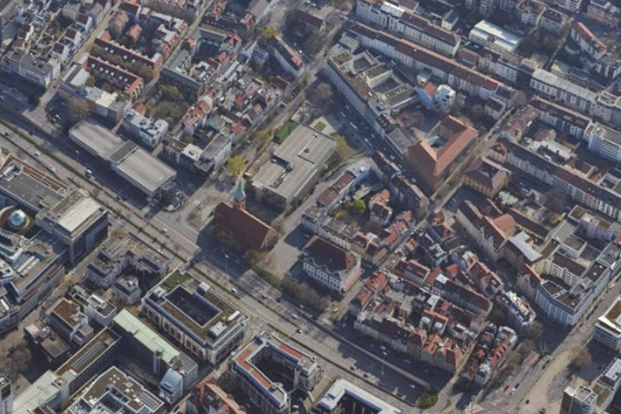 Luftbild vom Stadtbezirks Stuttgart‐Mitte rund um den Katharinenplatz