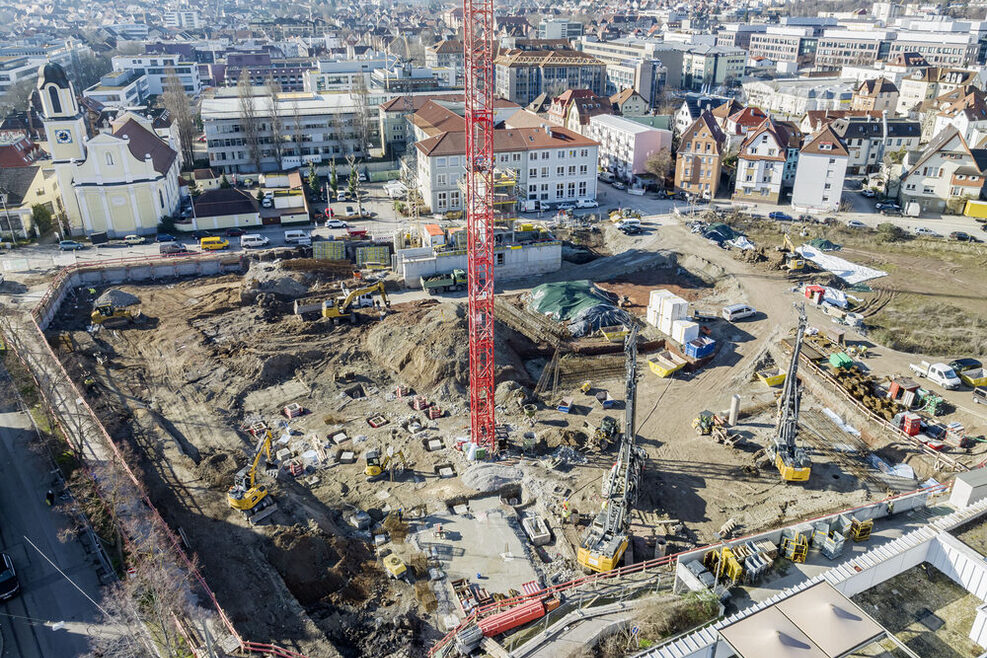 Luftaufnahme der Baustelle im neuen Quartier.