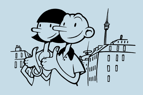 Illustration von zwei Figuren mit Daumen hoch vor der Stadtkulisse von Stuttgart