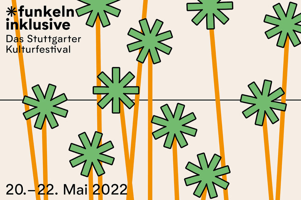 Die Grafik stellt in grün schematisch Funken dar. Die Schweife sind orange auf beigem Hintergrund. Oben links steht: "funkeln inklusive" Das Stuttgarter Kulturfestival