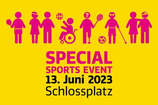 Piktogramme von Para-Sportlern, Text: Special Sports Event 13. Juni 2023 Schlossplatz