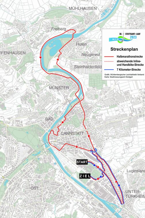 In der Stadtkarte sind die Strecken des Stuttgart-Lauf farbig eingezeichnet.