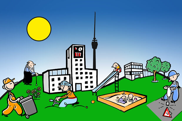 Wimmelbild zum Bürgerhaushalt und Stadtgeschehen.