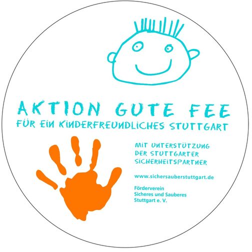 Logo Aktion Gute Fee, runder Aufklebervor zeigt vor weißem Hintergrund die Strichzeichnung eines Gesichts und eine orangefarbene Hand