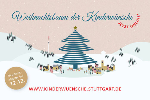 Grafik eines Weihnachtsbaum, Text auf Bild: Weihnachtsbaum der Kinderwünsche, jetzt online, Geschenkabgabe bis 12.12.