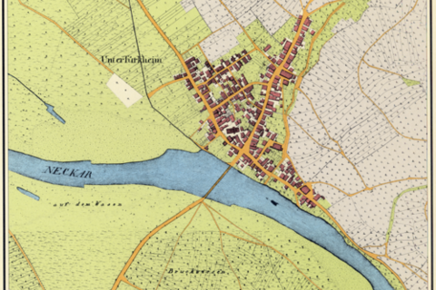 Wie Untertürkheim 1824 aussah zeigt die nachträglich kolorierte Urkarte.