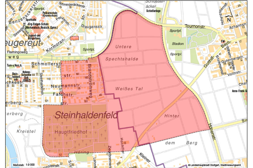 Karte von dem zu evakuierenden Sicherheitsbereich zwischen Steinhaldenfeld und Fellbach-Schmiden