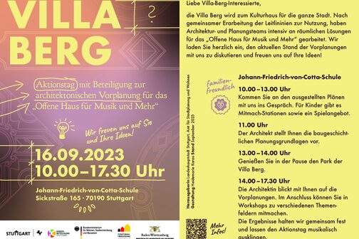 Poster des Aktionstags der Villa Berg mit Beteiligung zur architektonischen Vorplanung für das "Offene Haus für Musik und Mehr".