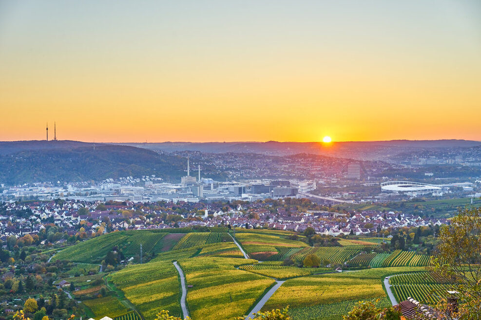 Panorama-Blick über Stuttgart und über die herbstlichen Weinberge