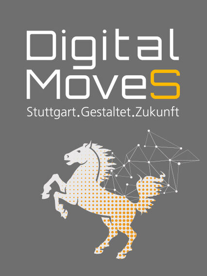 Digital MoveS Logo mit dem Slogan Stuttgart. Gestaltet. Zukunft sind zu sehen. Darunter ist das Stuttgarter Rössle zu sehen.