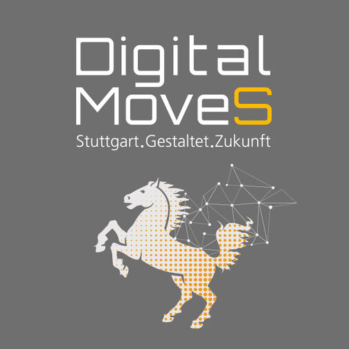 Digital MoveS Logo mit dem Slogan Stuttgart. Gestaltet. Zukunft sind zu sehen. Darunter ist das Stuttgarter Rössle zu sehen.