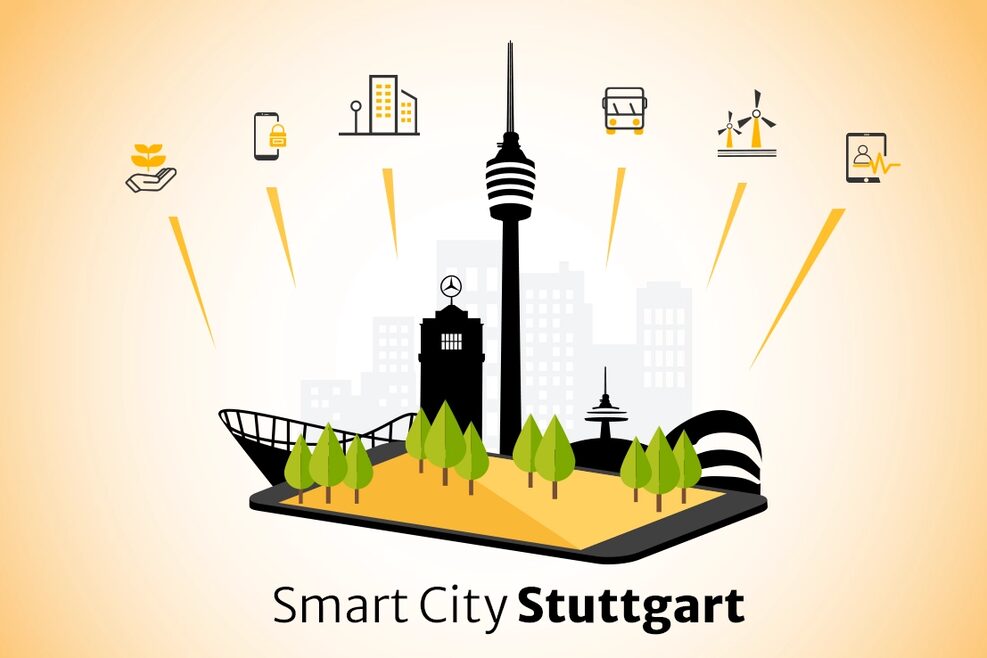 Grafik, die darstellt, welche Bereiche zu einer Smart City in Stuttgart beispielsweise gehören: Mobilität, Umwelt, Energie, Bauen etc.