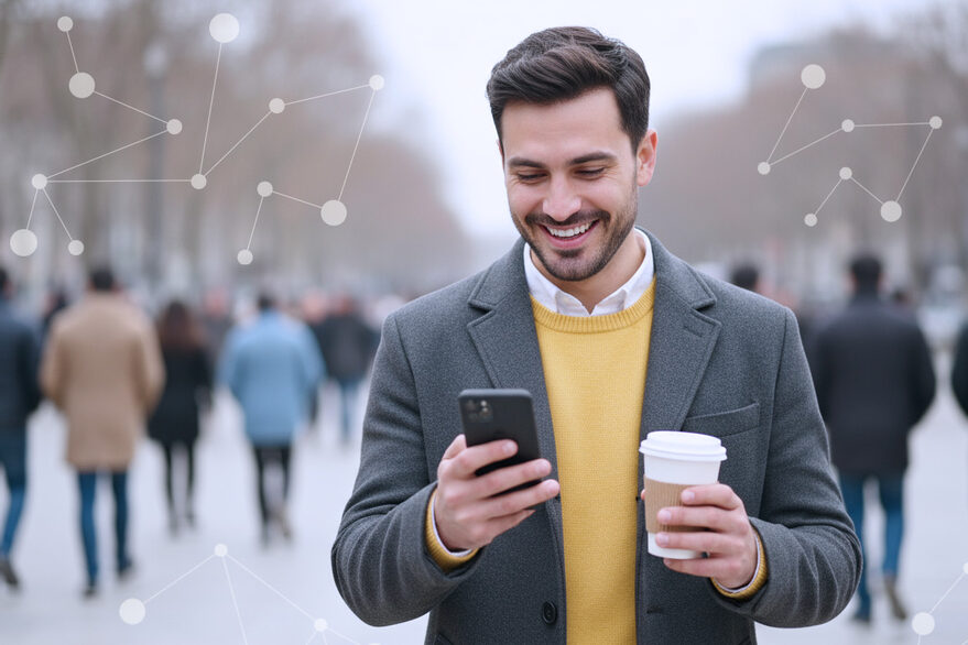 Ein lächelnder Mann mit Smartphone und Kaffee in der Hand läuft auf einer breiten Allee mit Fußgängern im unscharfen Hintergrund.