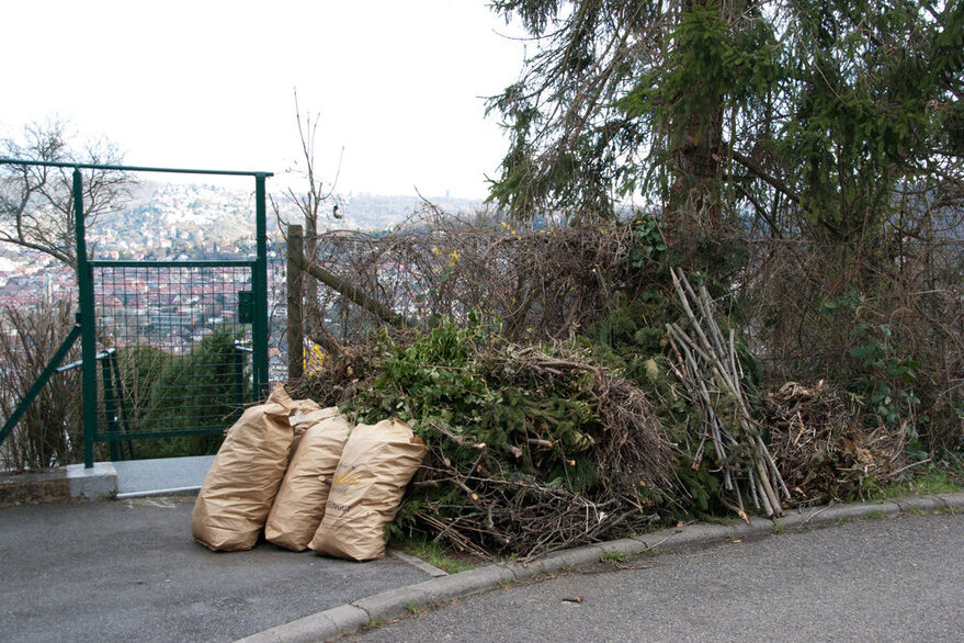 Grüngut, zur Abholung am Straßenrand bereitgestellt.