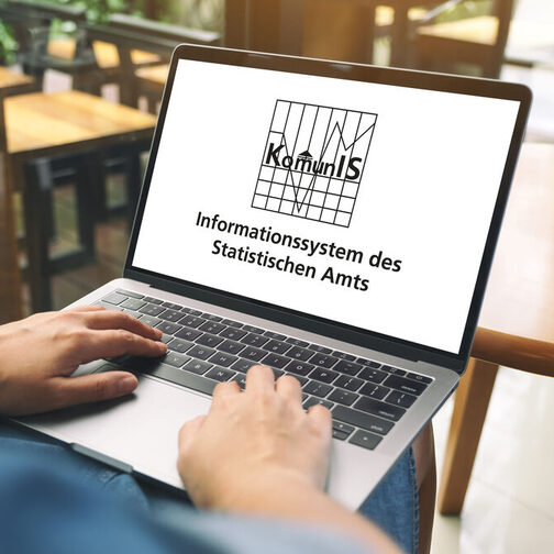 ine Person sitzt vor einem Tisch mit einem Lapot. Auf dem Bildschirm steht die Aufschrift: Informationssystem Komunis des Statistischen Amts.