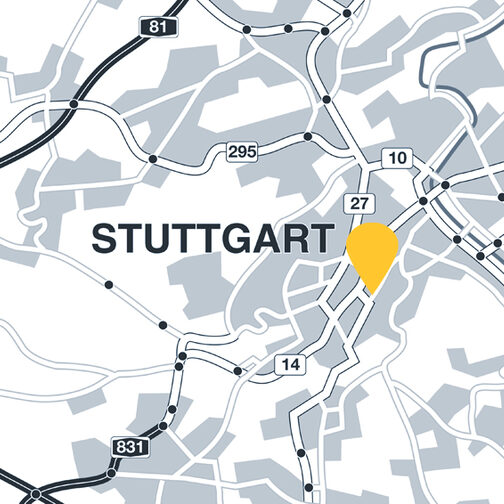 Stadtkarte zur Stuttgart mit eingezeichneten Straßen und einem gelben Orientierungspunkt.