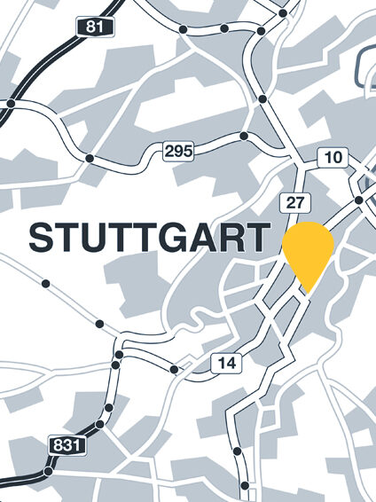 Stadtkarte zur Stuttgart mit eingezeichneten Straßen und einem gelben Orientierungspunkt.