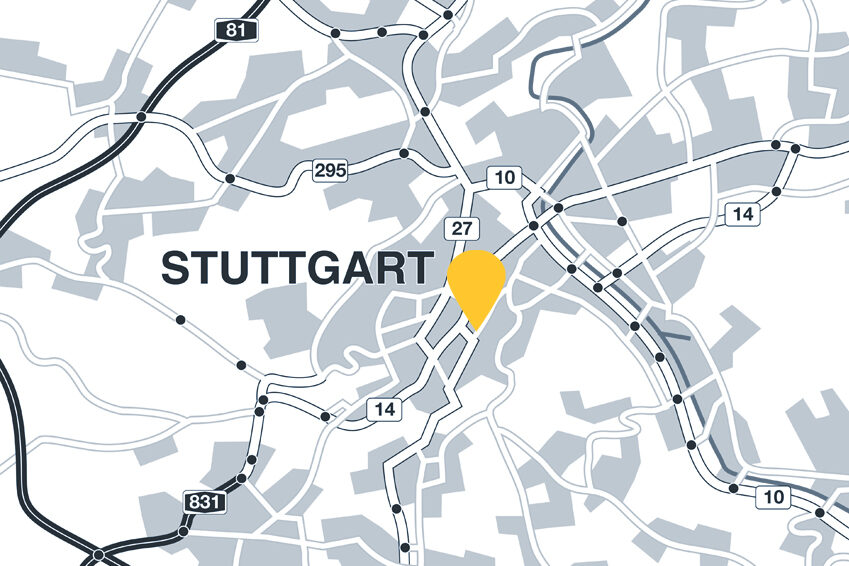 Stadtkarte zur Stuttgart mit eingezeichneten Straßen und einem gelben Orientierungspunkt.