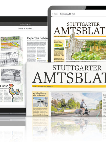 Das Amtsblatt ist auf einem Smartphone, Tablet und PC sowie als Print-Ausgabe abgebildet.