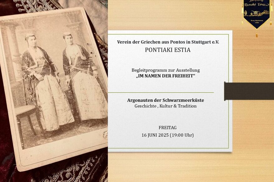 Links ein altes Foto in Sepia, rechts eine Notiz.