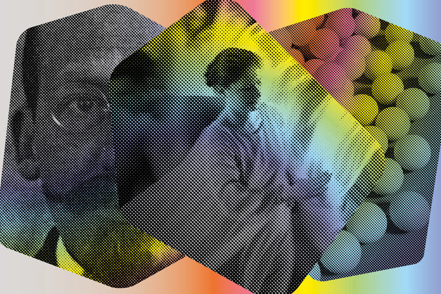 Keyvisual: Anthroposophie - Stuttgart. Waldorf. Globuli. Collage mit mehreren schwarz-weiß Bildern über die ein Regenbogen gelegt wurde.