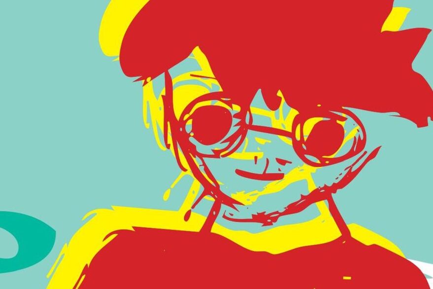 Zeichnung eines Harry Potter nachempfundenen Jungen, rote Haare, rote Brille, rot-gelber Pulli, grüner Hintergrund