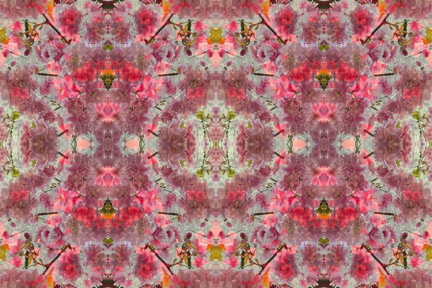 Ein abstraktes Kunstwerk mit vielen rosafarbenen Blüten.