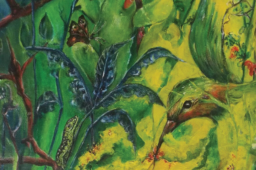 Gemaltes Bild mit Planzen und einem Vogel.