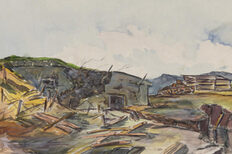 A painting showing a landscape with a destroyed bunker.