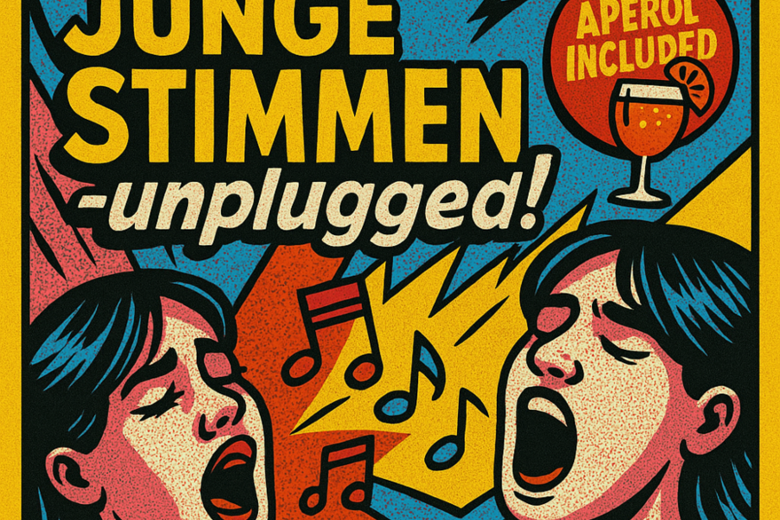 Grafik mit Veranstaltungsüberschrift. Zwei Frauen singen, über ihnen ein Glas Aperol