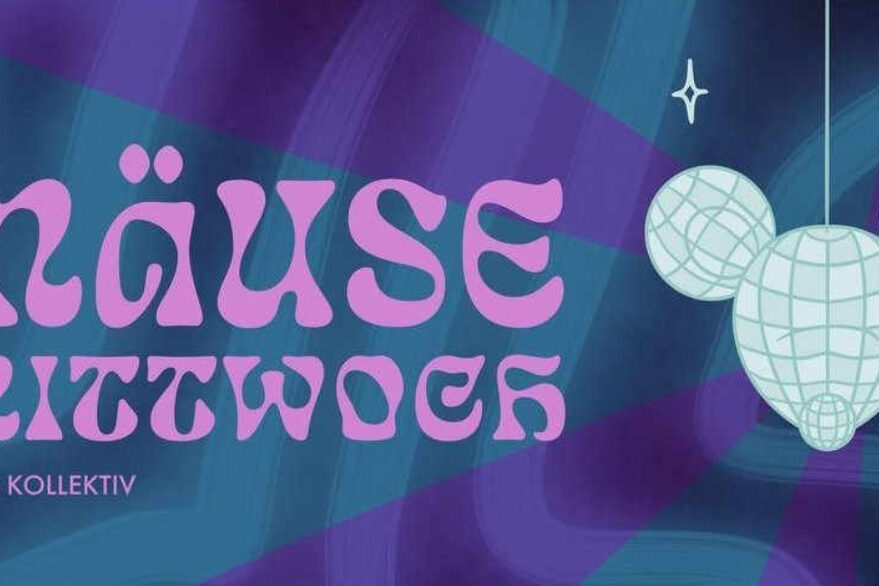 Text mit stilisiertem Mäusekopf als Diskokugel