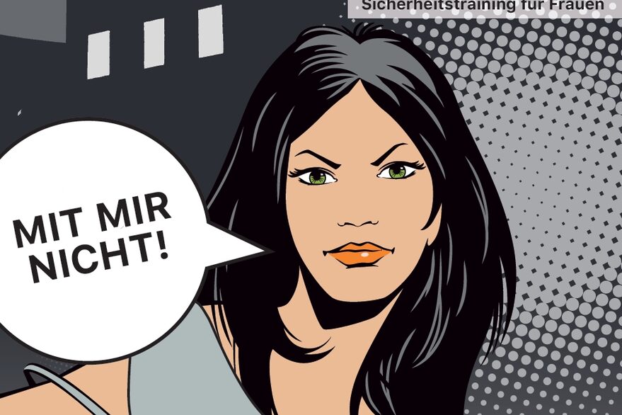 Eine schwarzhaarige Frau betont in fokussierter Pose den Titel der Veranstaltung, "Mit mir nicht"