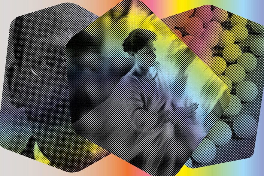 Collage mit schwarz-weiß Bildern zum Thema Anthroposophie - über die Bilder wurden Regenbogenfarben gelegt.