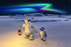 Polar bear Vladimir and penguin James in an ice landscape in the background are the northern lights.