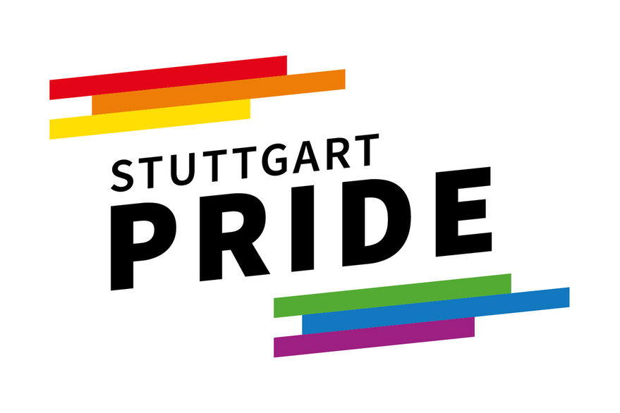 der Schriftzug "Stuttgart Pride" in schwarzer Schrift umrahmt von Farbbalken in verschiedenen Farben