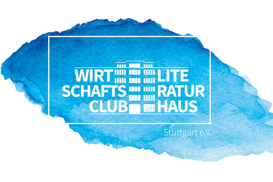 Logo des Wirtschaftsclub im Literaturhaus e.V. in weißen Großbuchstaben, in der Mitte das stilisierte Literaturhaus. Als Hintergrund ein Farbklecks im Aquarellstil in Blautönenn