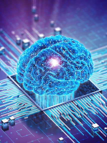 Aus einer Platine wächst das Konzept der künstlichen Intelligenz - ein KI-Gehirn
