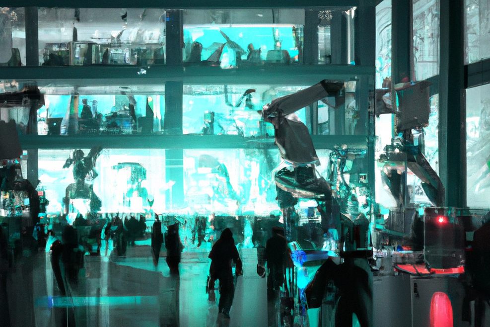 KI-generiertes Bild einer großen Produktionshalle mit futuristischen Elementen
